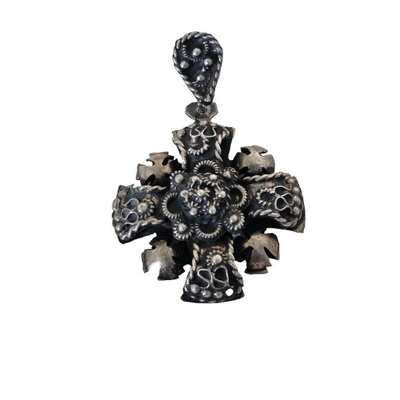 Vtg. Cross Pendant Sterling Silver Mexico SS Ornate  Rare 925 1.25"x1.25" w/bail - Picture 1 of 4